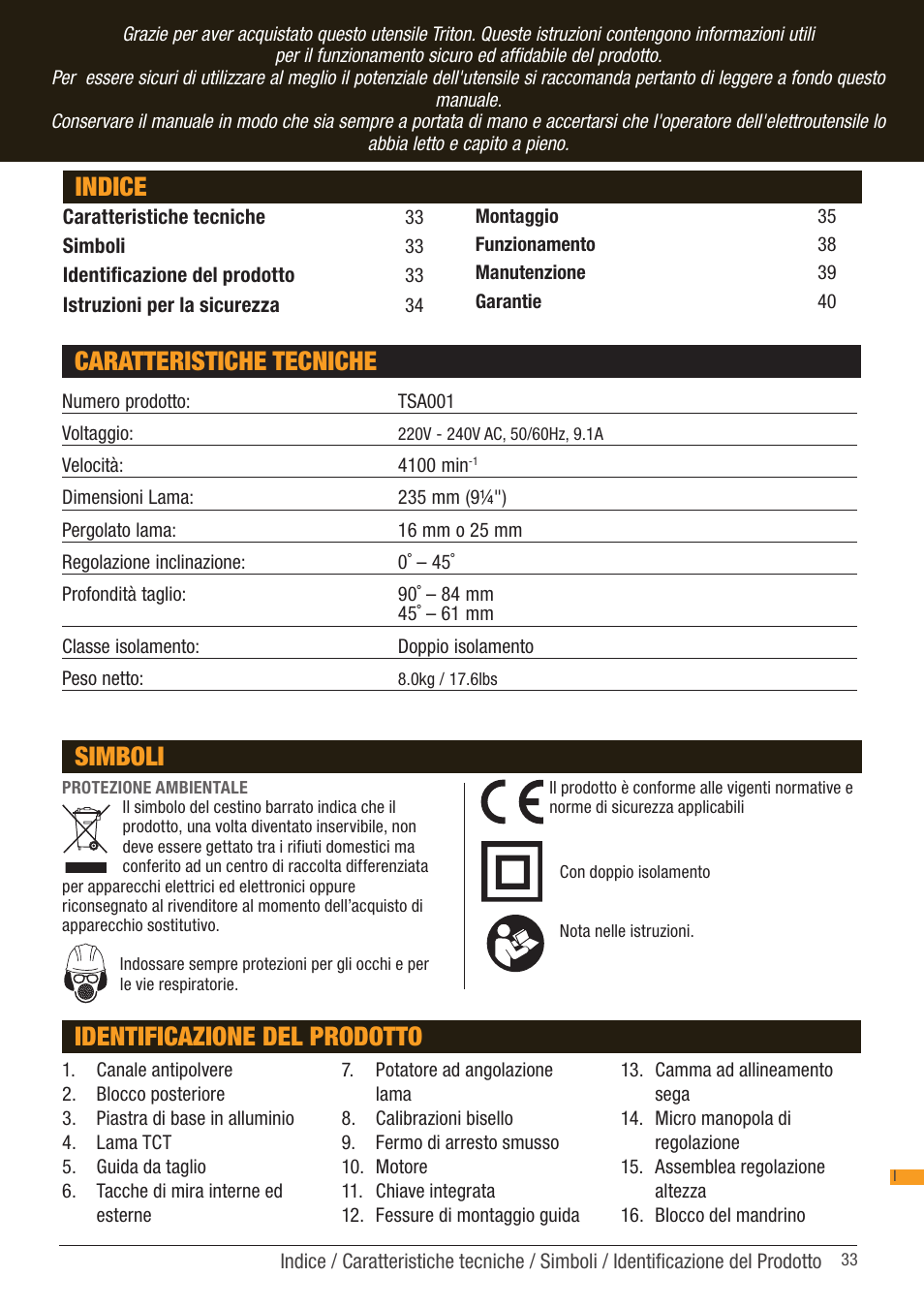 Indice | Triton TSA 001 User Manual | Page 33 / 48