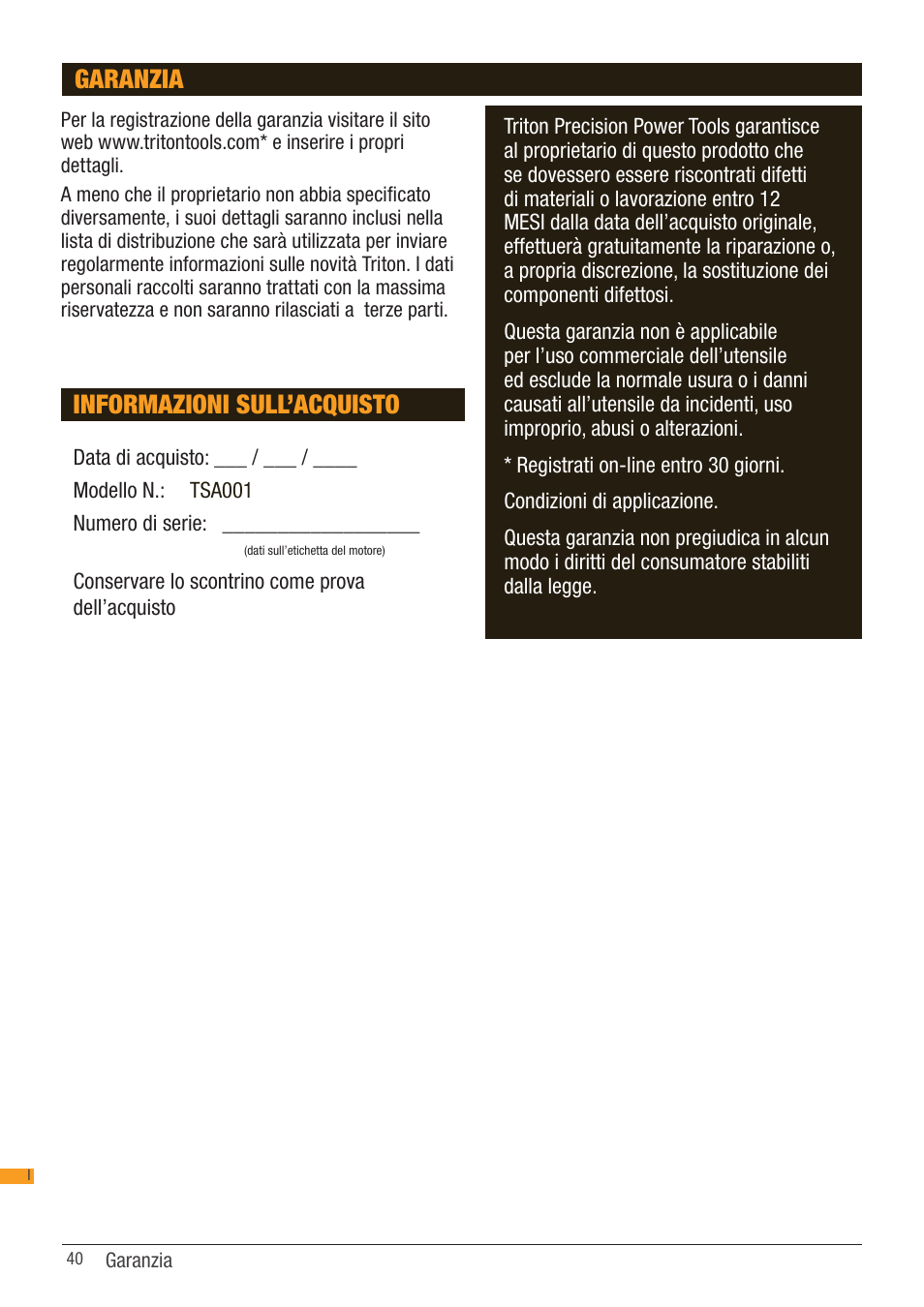 Informazioni sull’acquisto, Garanzia | Triton TSA 001 User Manual | Page 40 / 48