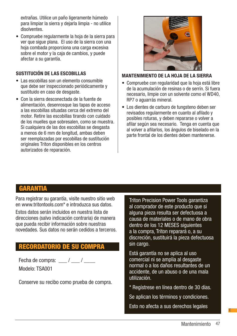 Recordatorio de su compra, Garantia | Triton TSA 001 User Manual | Page 47 / 48