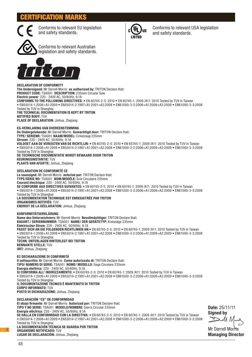 Certification marks | Triton TSA 001 User Manual | Page 48 / 48