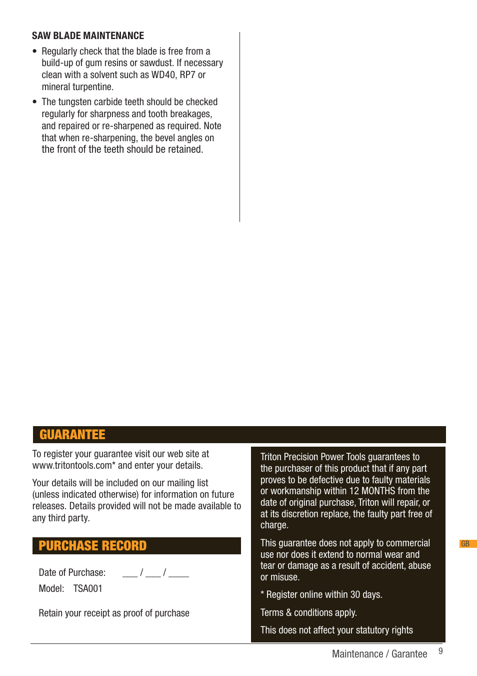 Purchase record, Guarantee | Triton TSA 001 User Manual | Page 9 / 48
