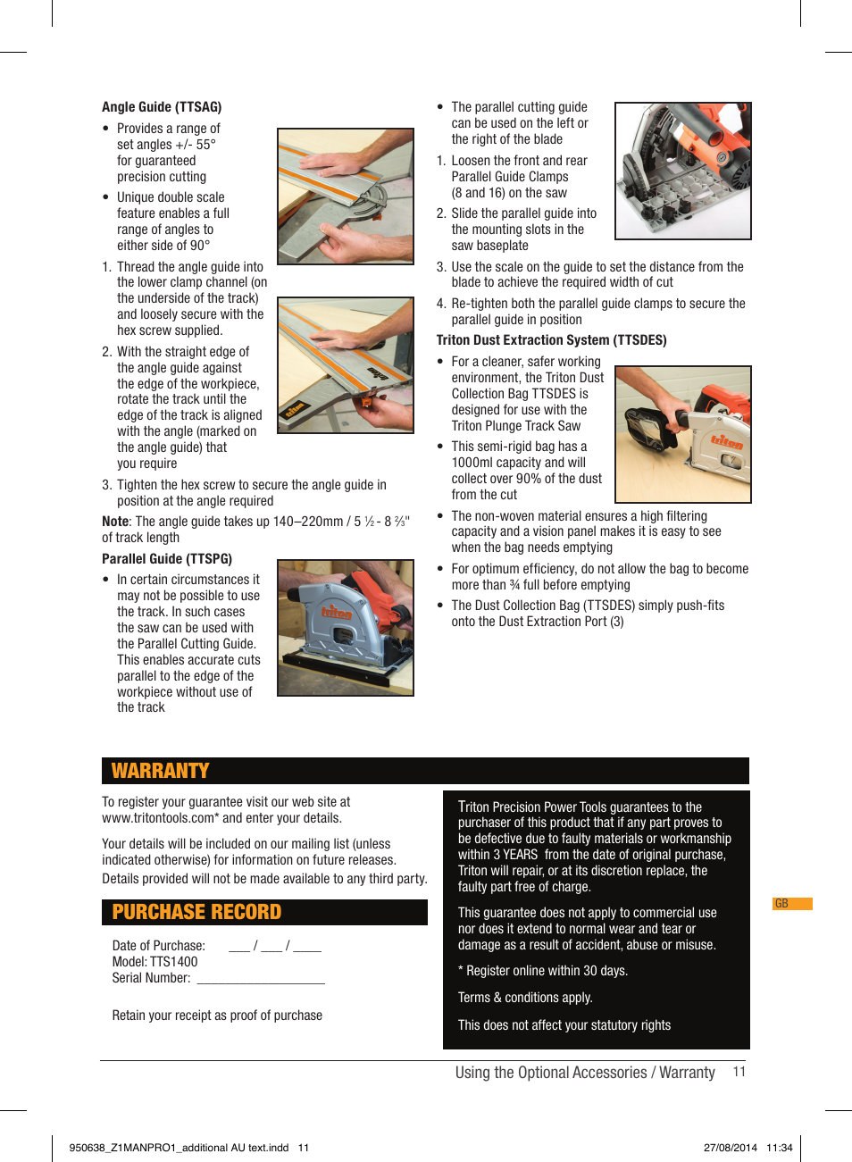 Purchase record, Warranty | Triton TTS 1400 User Manual | Page 11 / 66