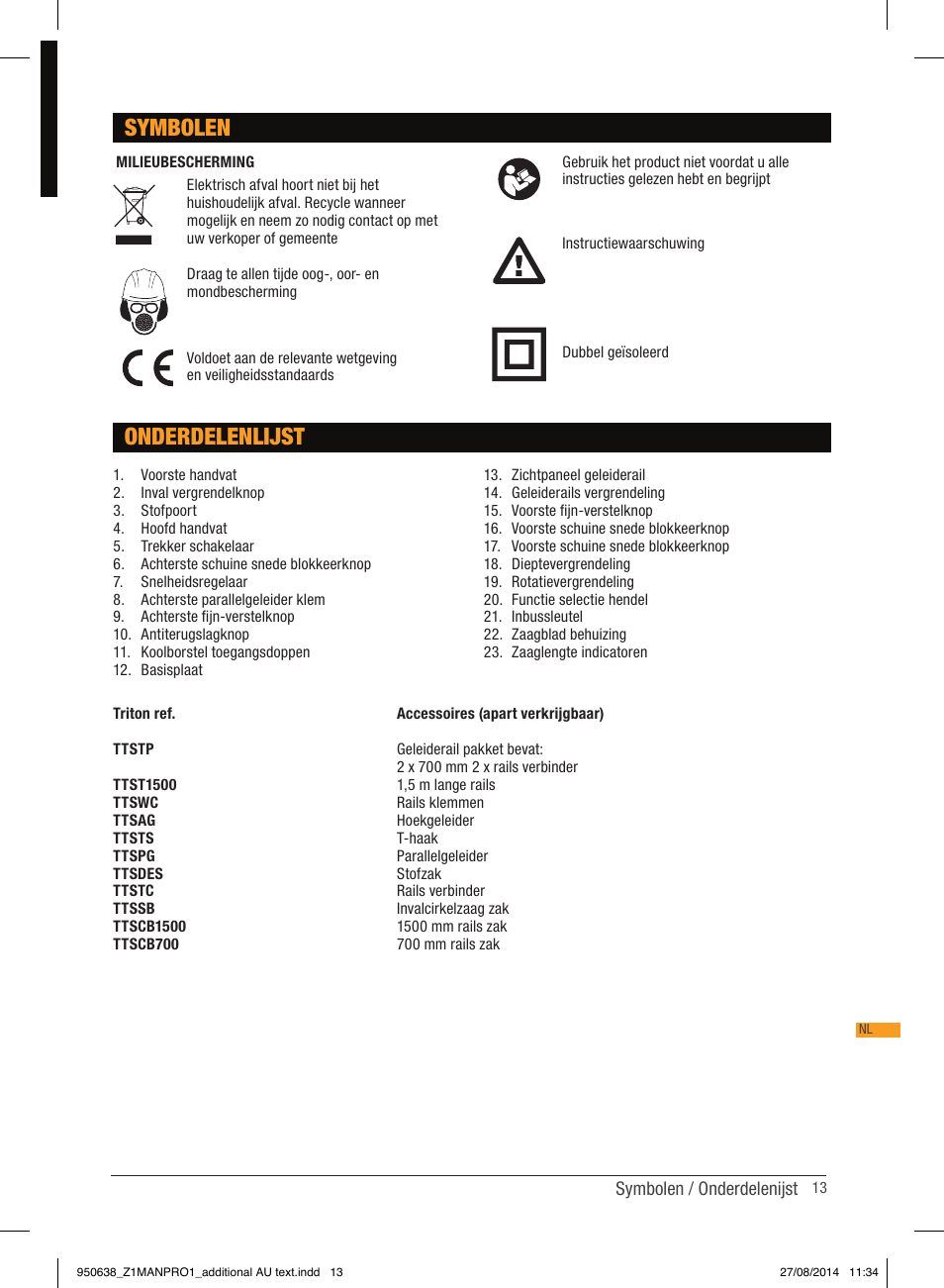 Onderdelenlijst, Symbolen | Triton TTS 1400 User Manual | Page 13 / 66