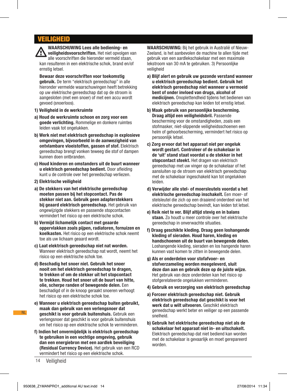 Veiligheid | Triton TTS 1400 User Manual | Page 14 / 66