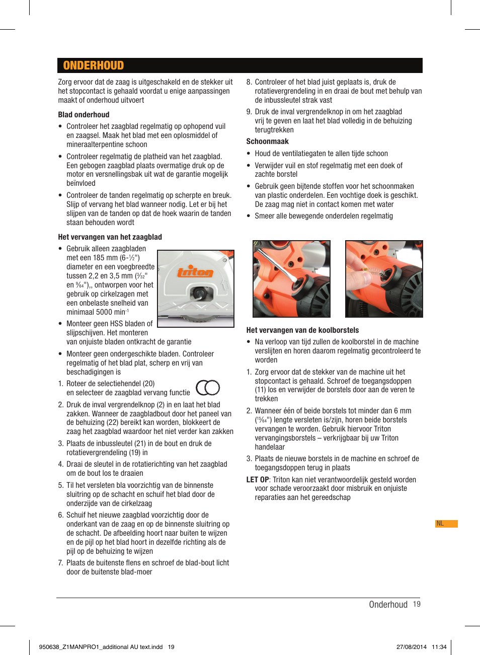Onderhoud | Triton TTS 1400 User Manual | Page 19 / 66