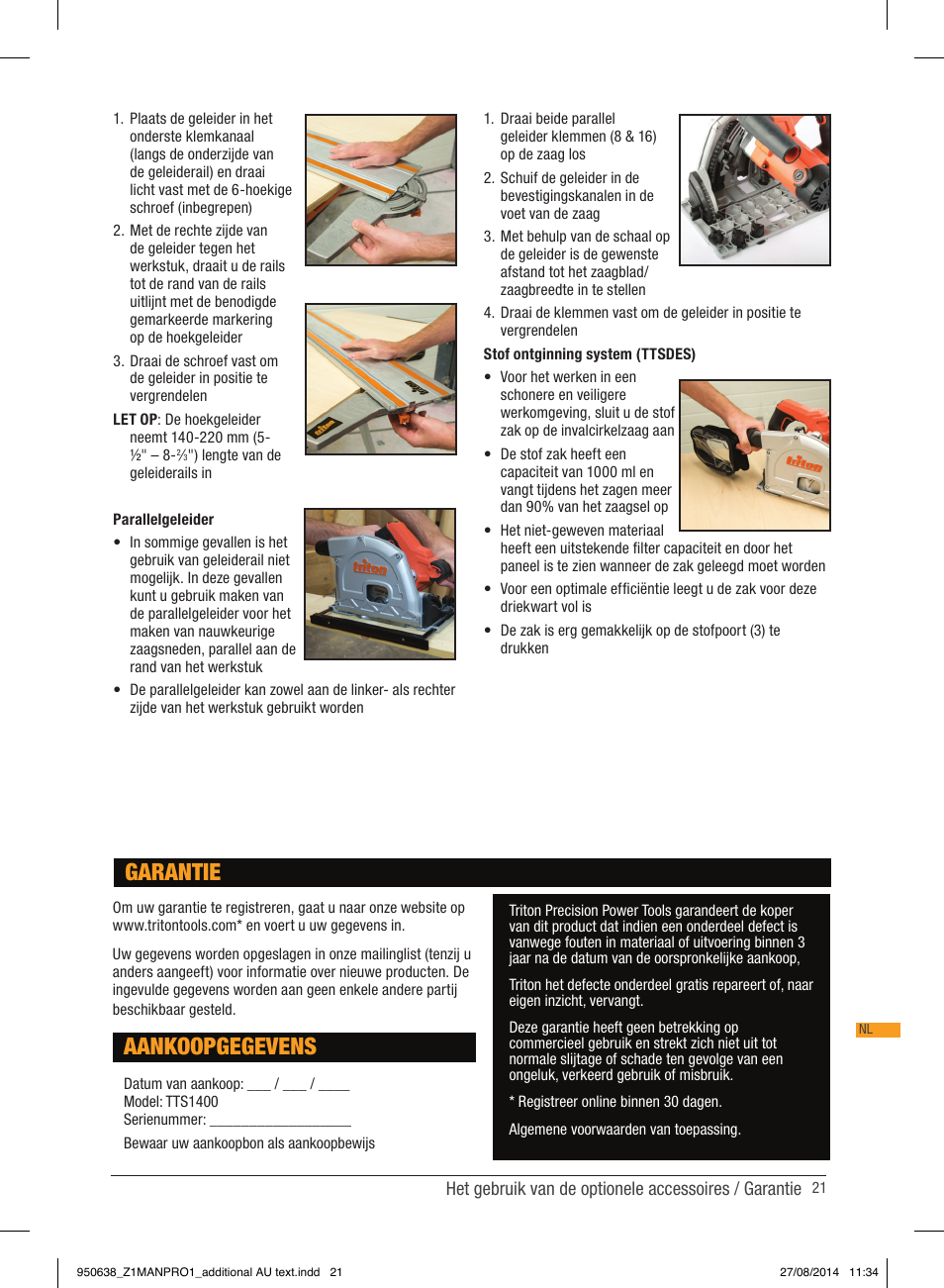 Aankoopgegevens, Garantie | Triton TTS 1400 User Manual | Page 21 / 66