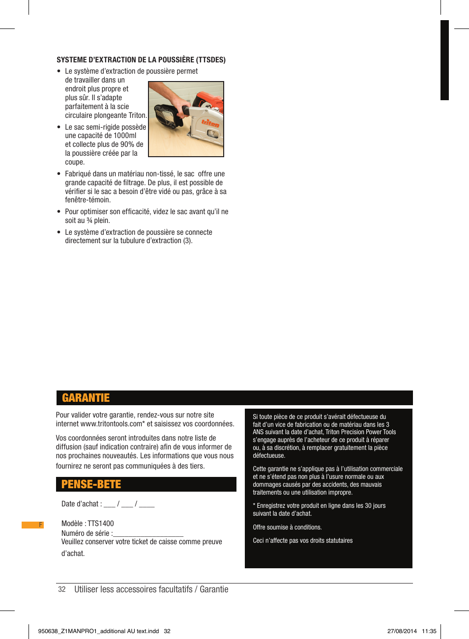 Pense-bete, Garantie | Triton TTS 1400 User Manual | Page 32 / 66