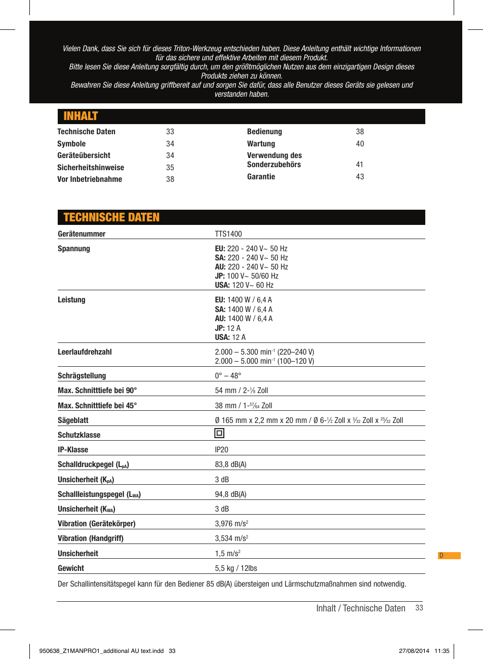 Inhalt, Technische daten, Inhalt / technische daten | Triton TTS 1400 User Manual | Page 33 / 66