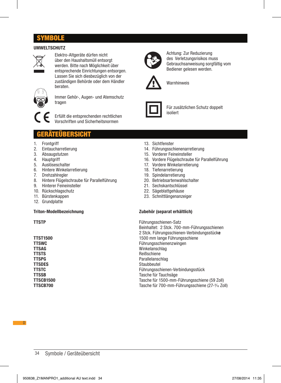 Symbole geräteübersicht | Triton TTS 1400 User Manual | Page 34 / 66