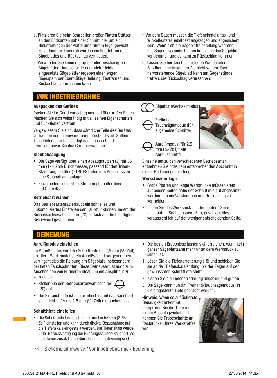 Vor inbetriebnahme bedienung | Triton TTS 1400 User Manual | Page 38 / 66