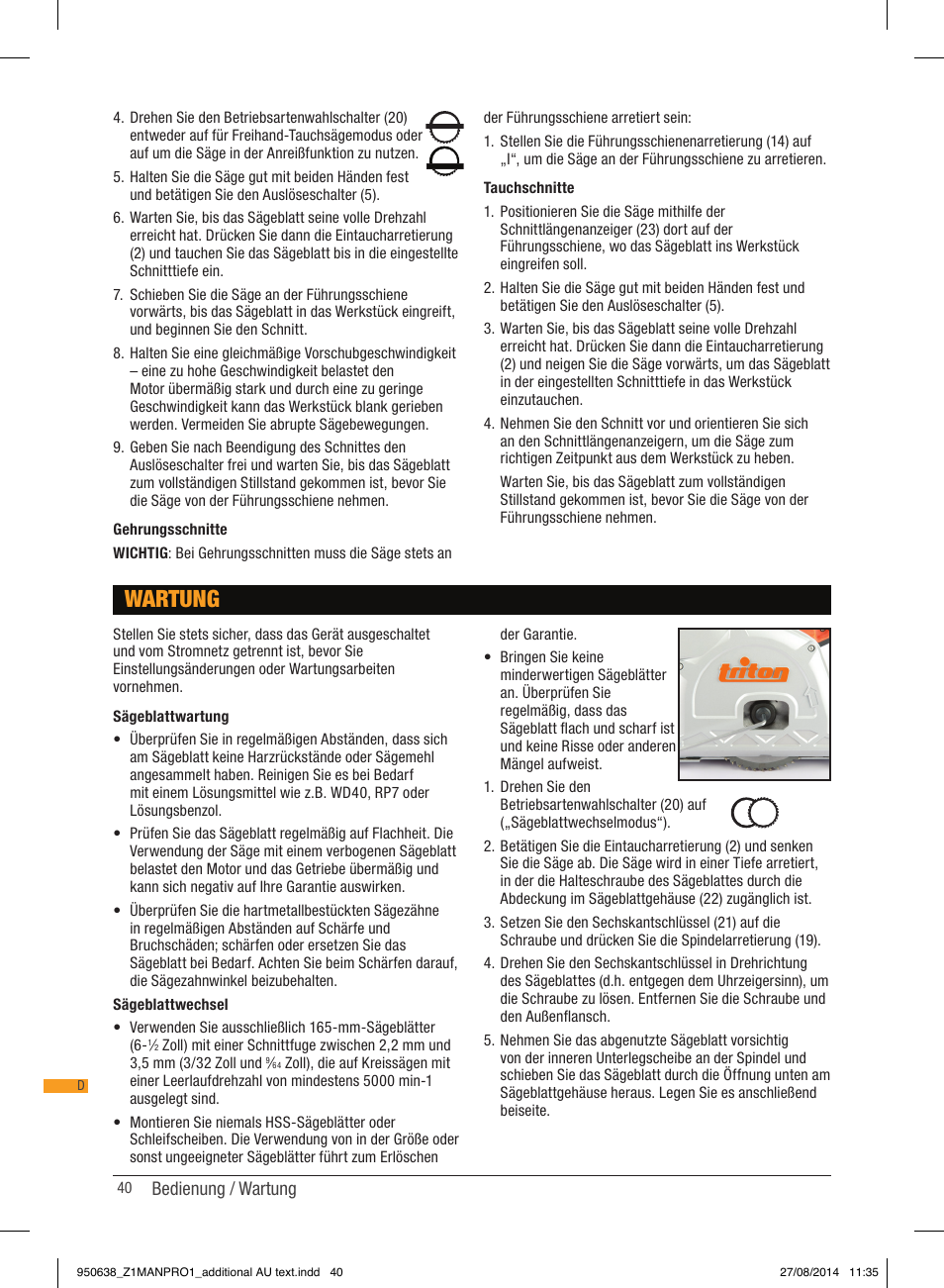Wartung | Triton TTS 1400 User Manual | Page 40 / 66