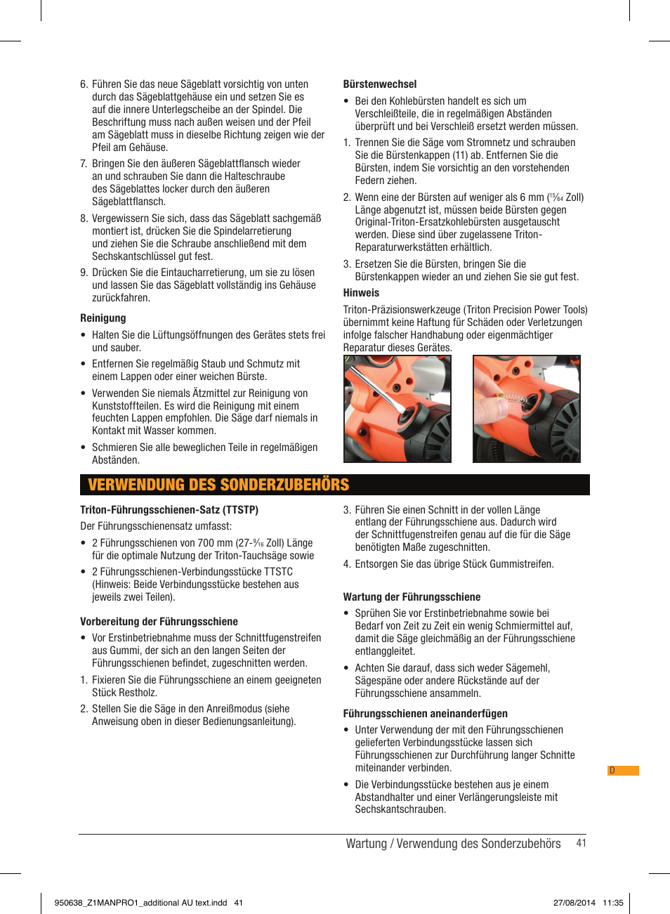 Verwendung des sonderzubehörs | Triton TTS 1400 User Manual | Page 41 / 66