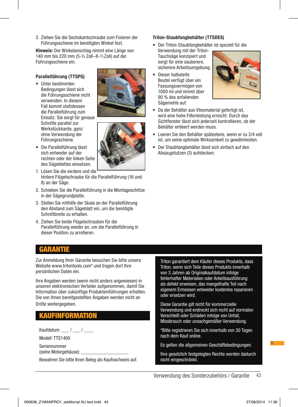 Kaufinformation, Garantie | Triton TTS 1400 User Manual | Page 43 / 66