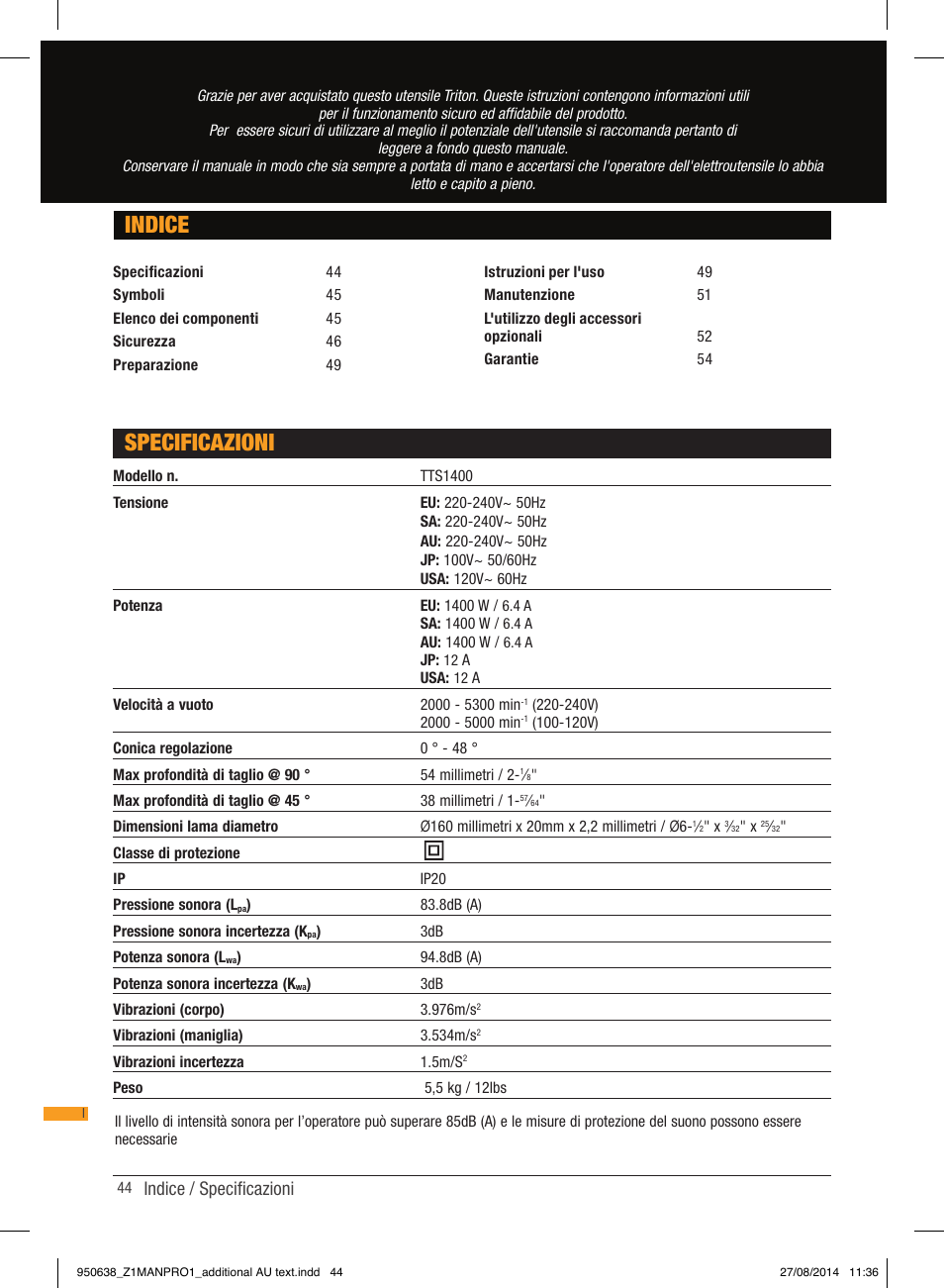 Indice, Specificazioni, Indice / specificazioni | Triton TTS 1400 User Manual | Page 44 / 66