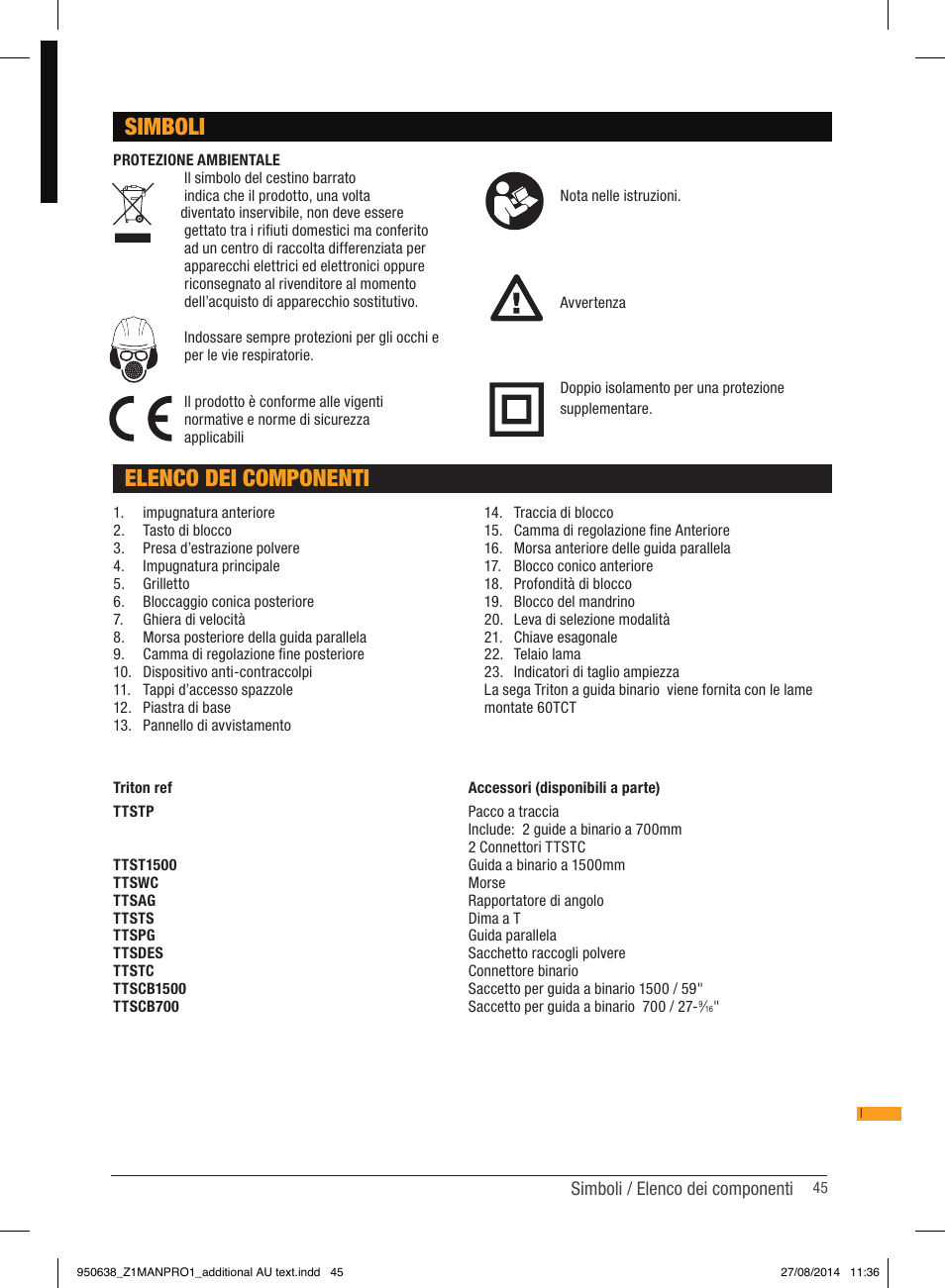 Simboli, Elenco dei componenti | Triton TTS 1400 User Manual | Page 45 / 66