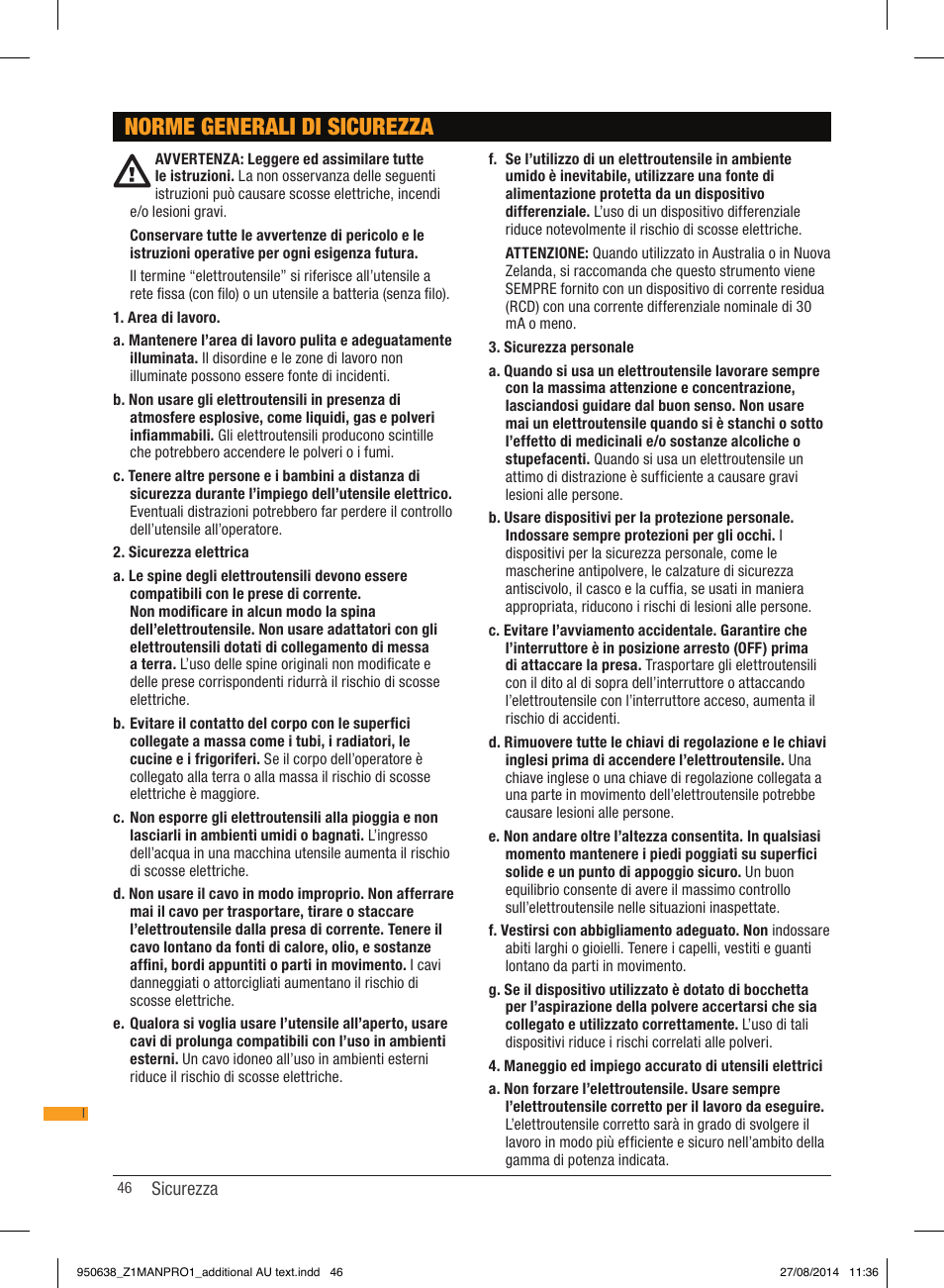 Norme generali di sicurezza | Triton TTS 1400 User Manual | Page 46 / 66