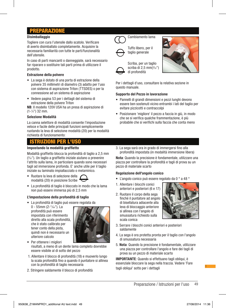 Preparazione istruzioni per l'uso, Preparazione / istruzioni per l'uso | Triton TTS 1400 User Manual | Page 49 / 66