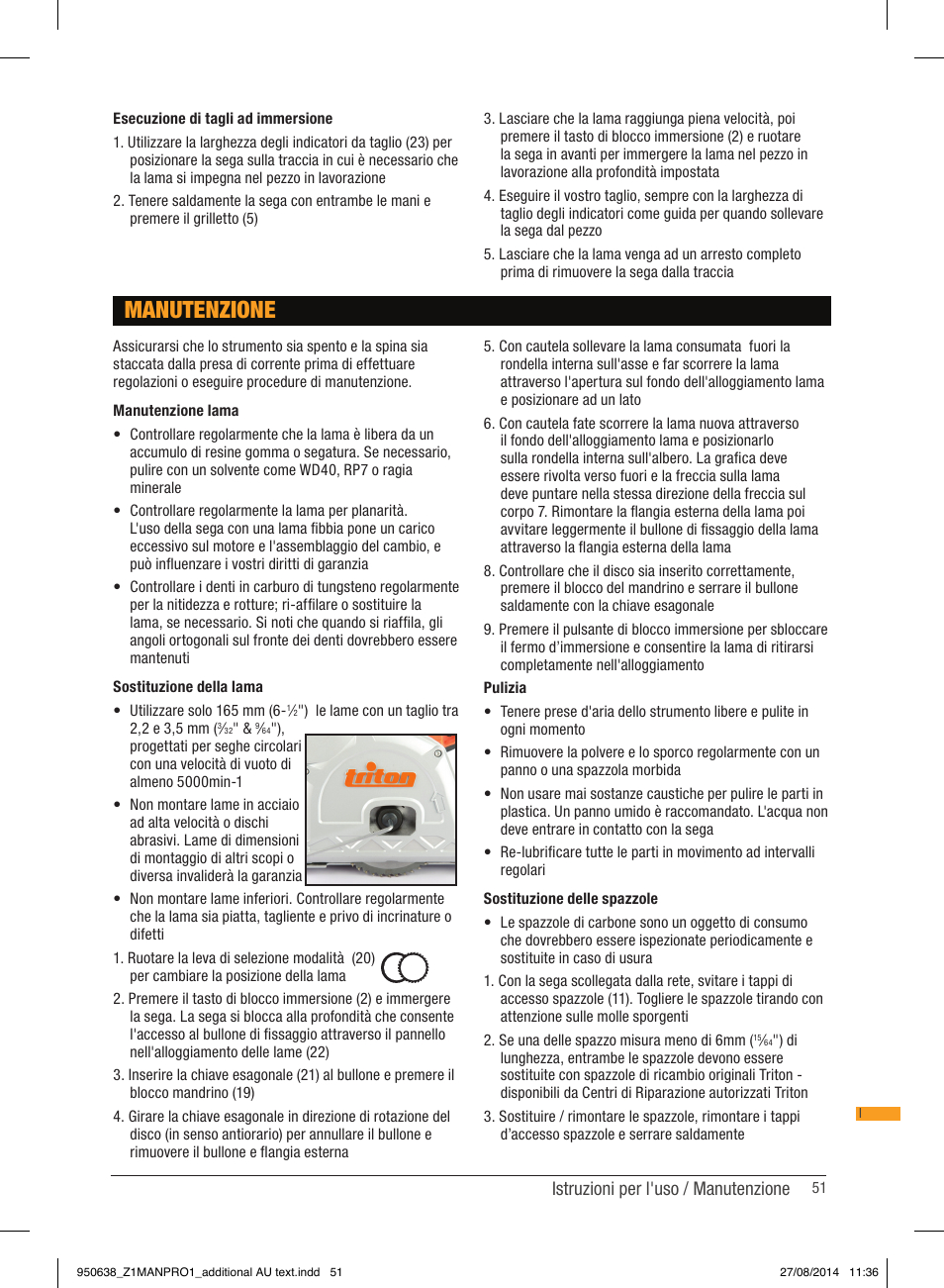 Manutenzione, Istruzioni per l'uso / manutenzione | Triton TTS 1400 User Manual | Page 51 / 66