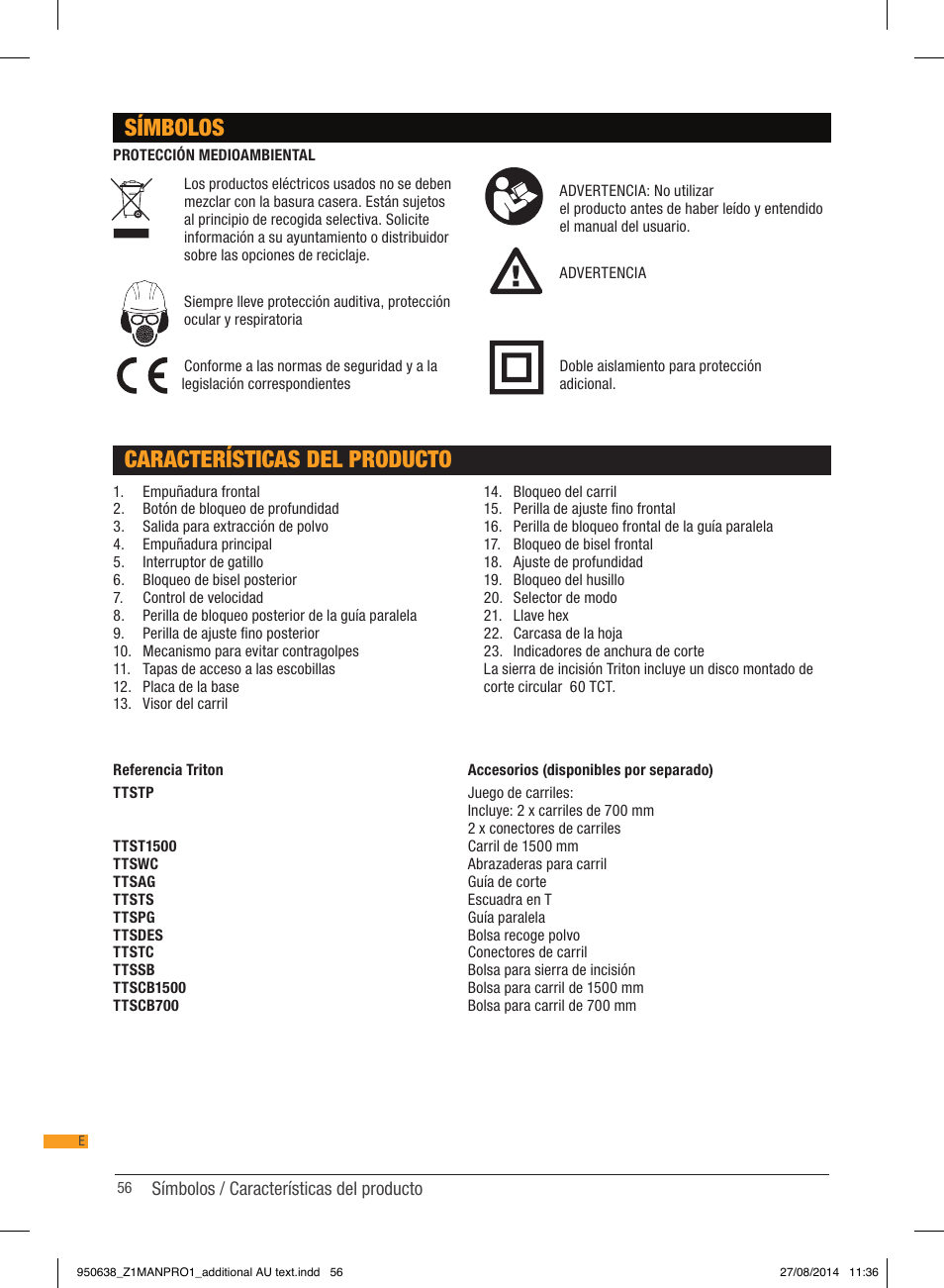 Símbolos, Características del producto | Triton TTS 1400 User Manual | Page 56 / 66