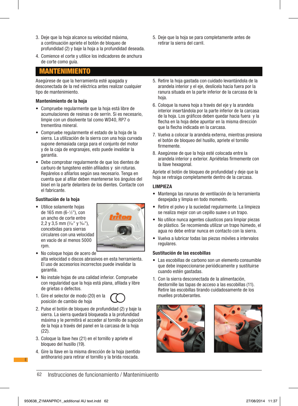 Mantenimiento | Triton TTS 1400 User Manual | Page 62 / 66