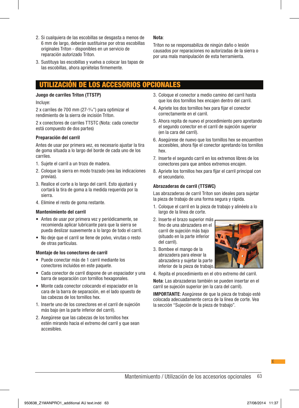 Utilización de los accesorios opcionales | Triton TTS 1400 User Manual | Page 63 / 66