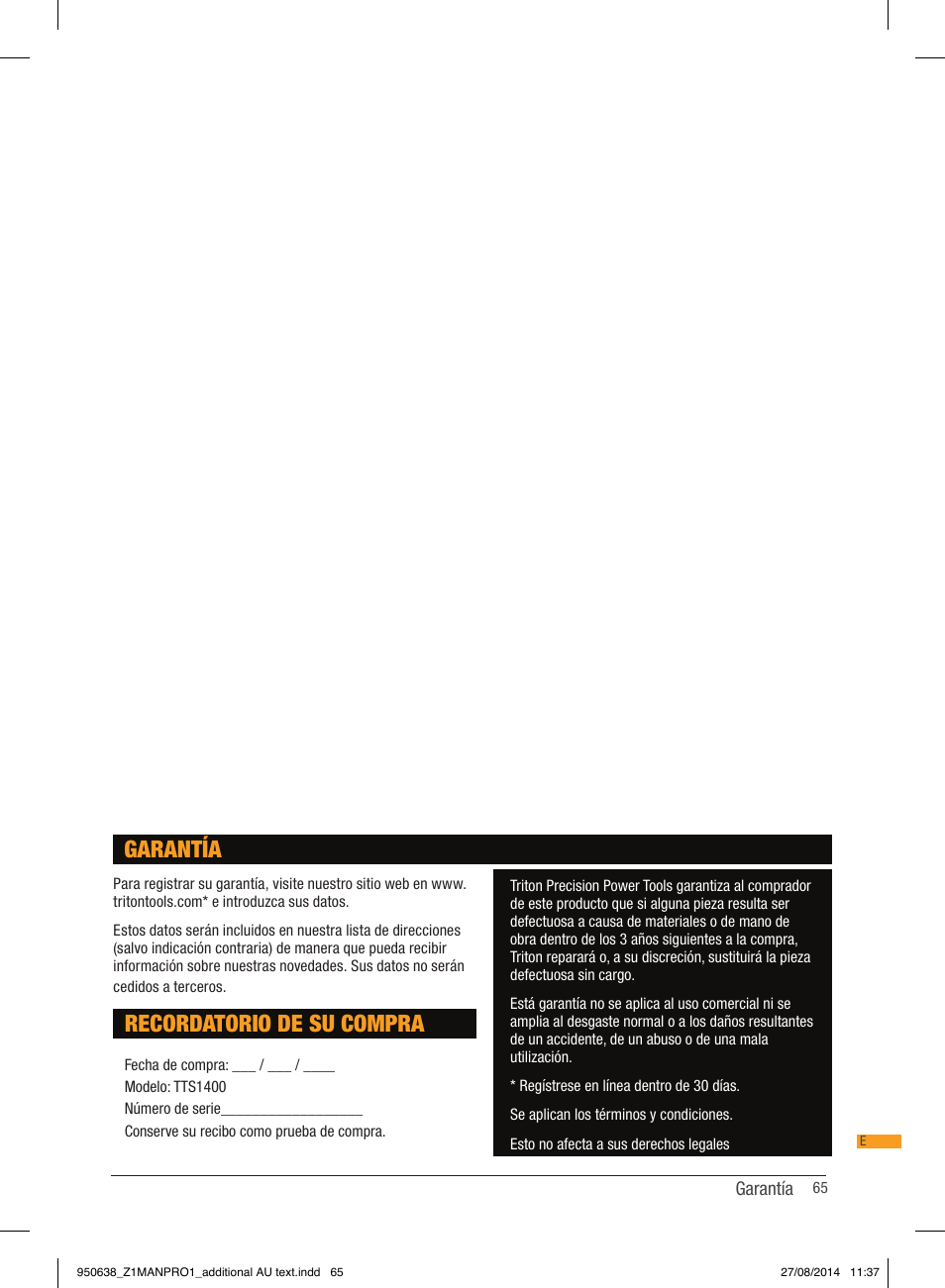 Recordatorio de su compra, Garantía | Triton TTS 1400 User Manual | Page 65 / 66