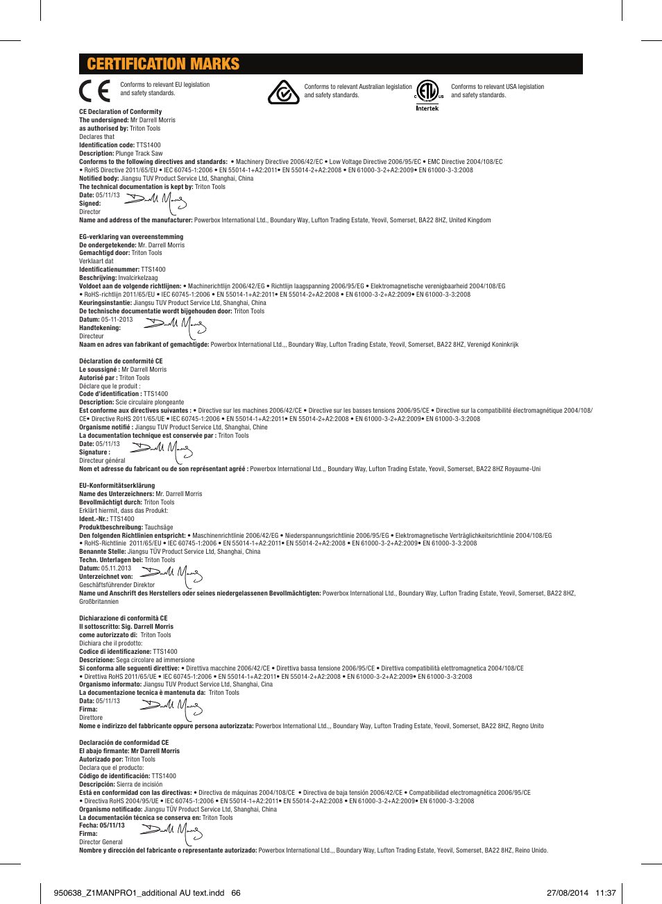 Certification marks | Triton TTS 1400 User Manual | Page 66 / 66