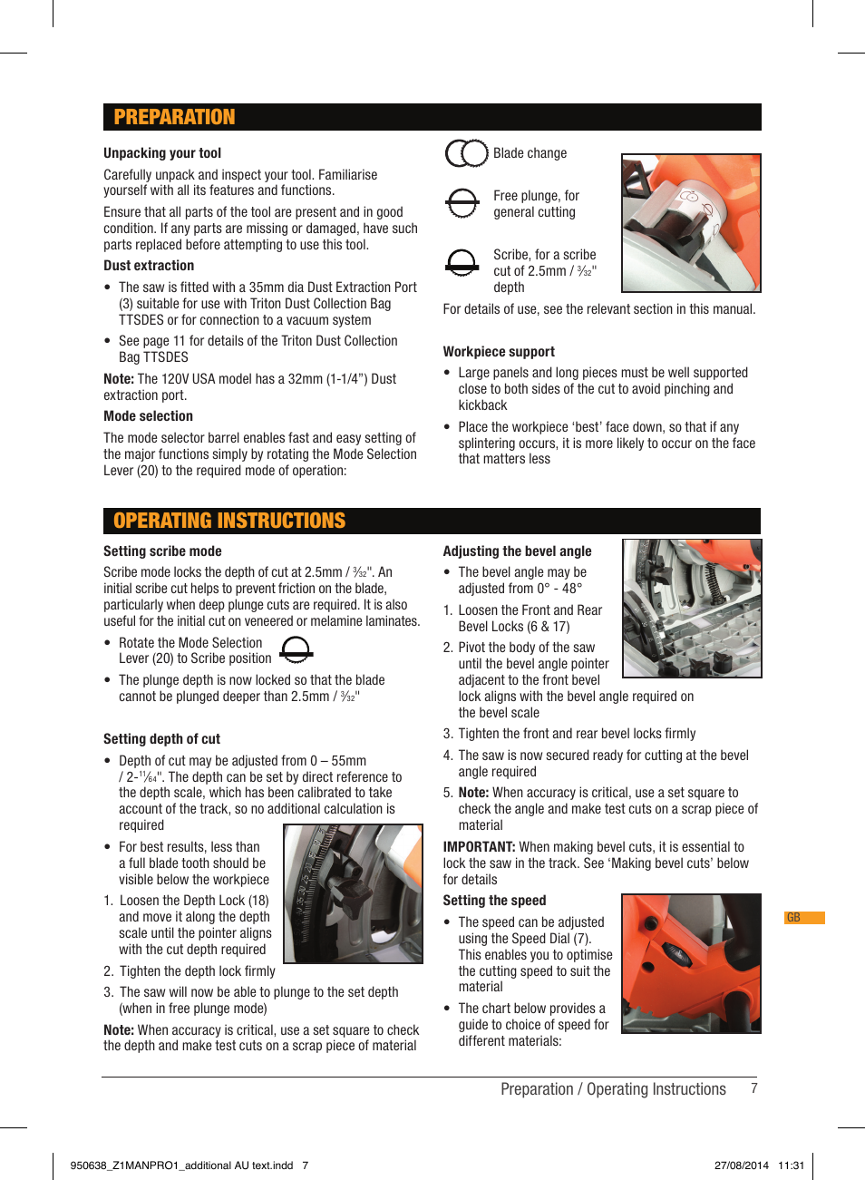 Preparation, Operating instructions, Preparation / operating instructions | Triton TTS 1400 User Manual | Page 7 / 66