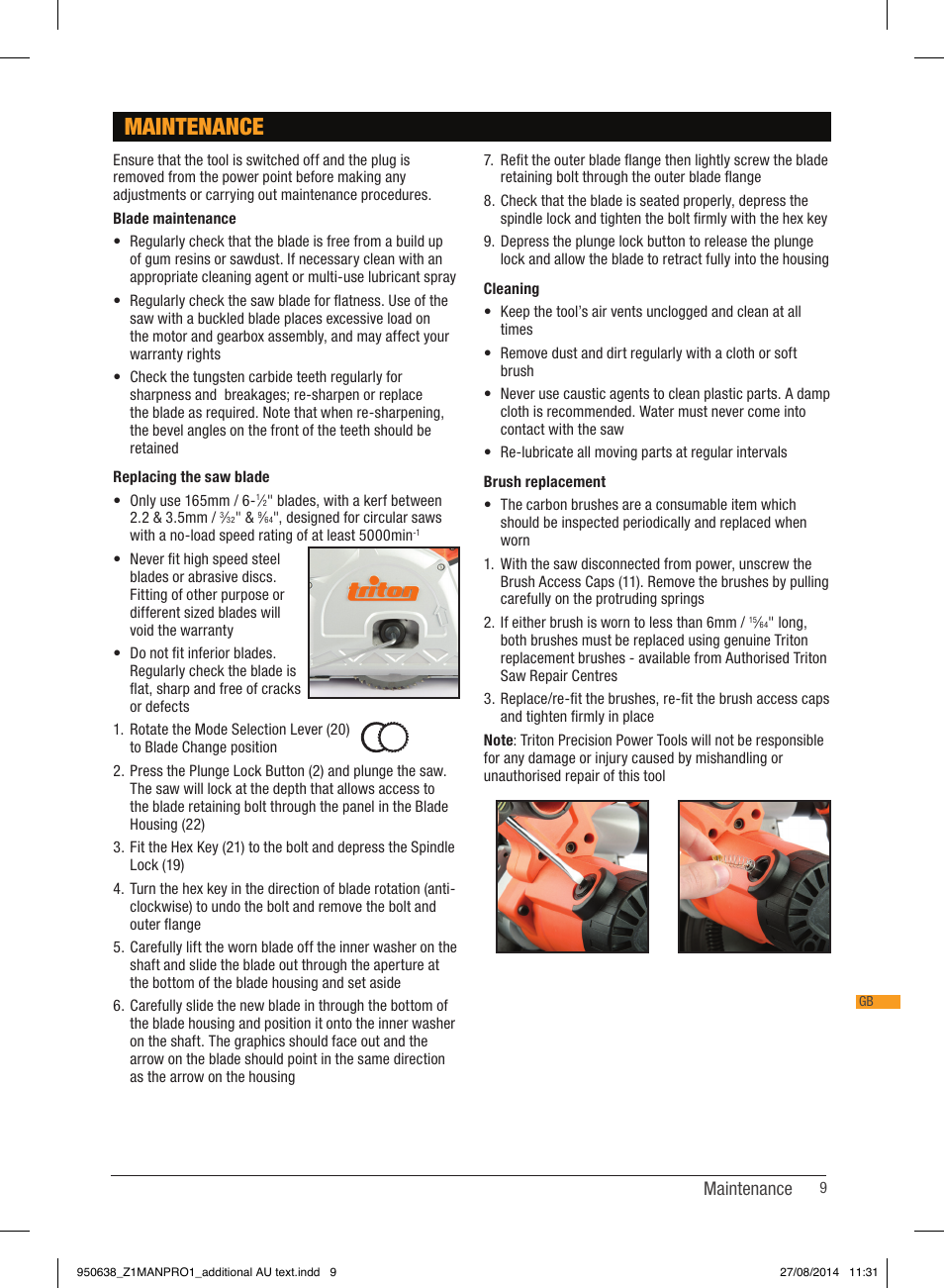 Maintenance | Triton TTS 1400 User Manual | Page 9 / 66