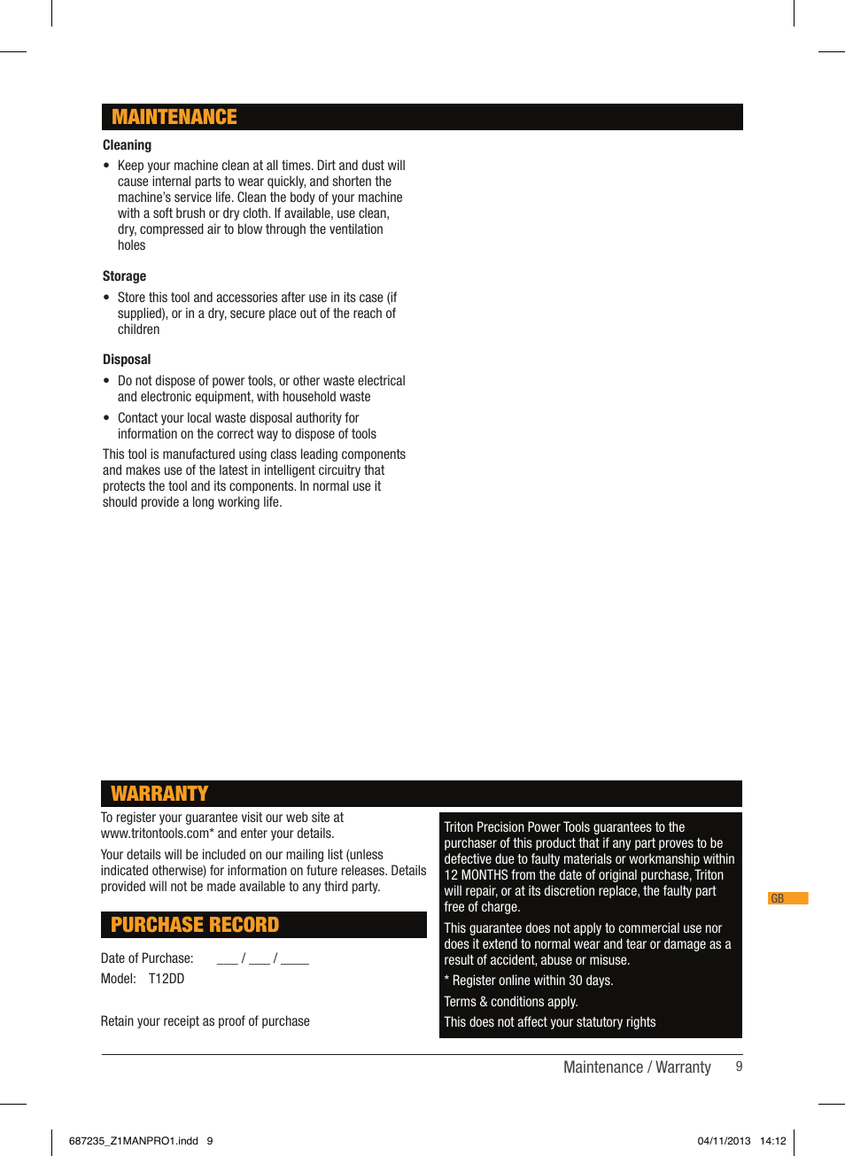 Warranty, Purchase record, Maintenance | Triton T12 DD User Manual | Page 10 / 50