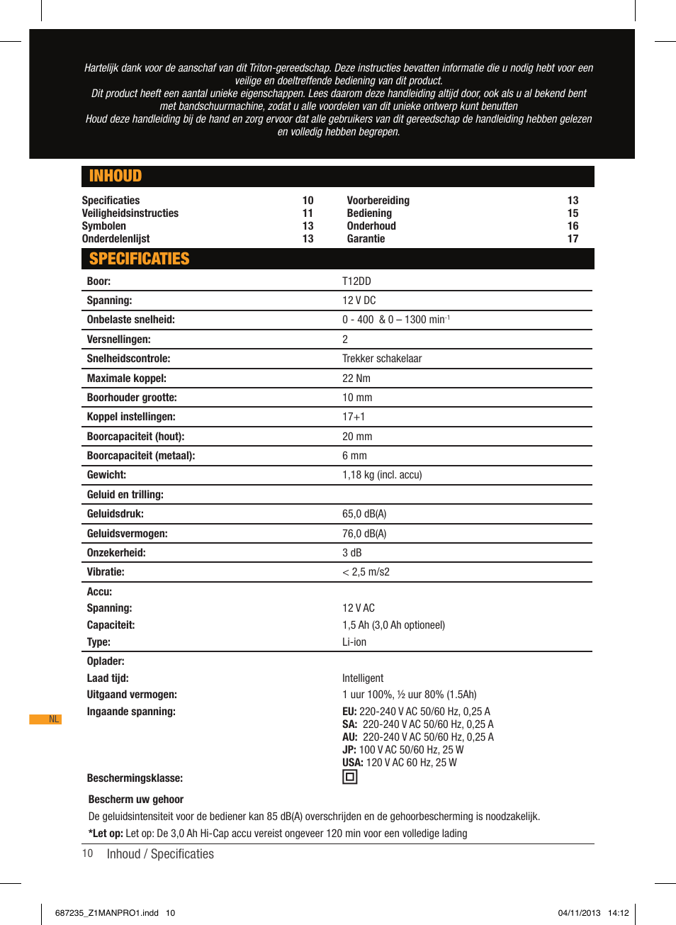 Specificaties inhoud | Triton T12 DD User Manual | Page 11 / 50