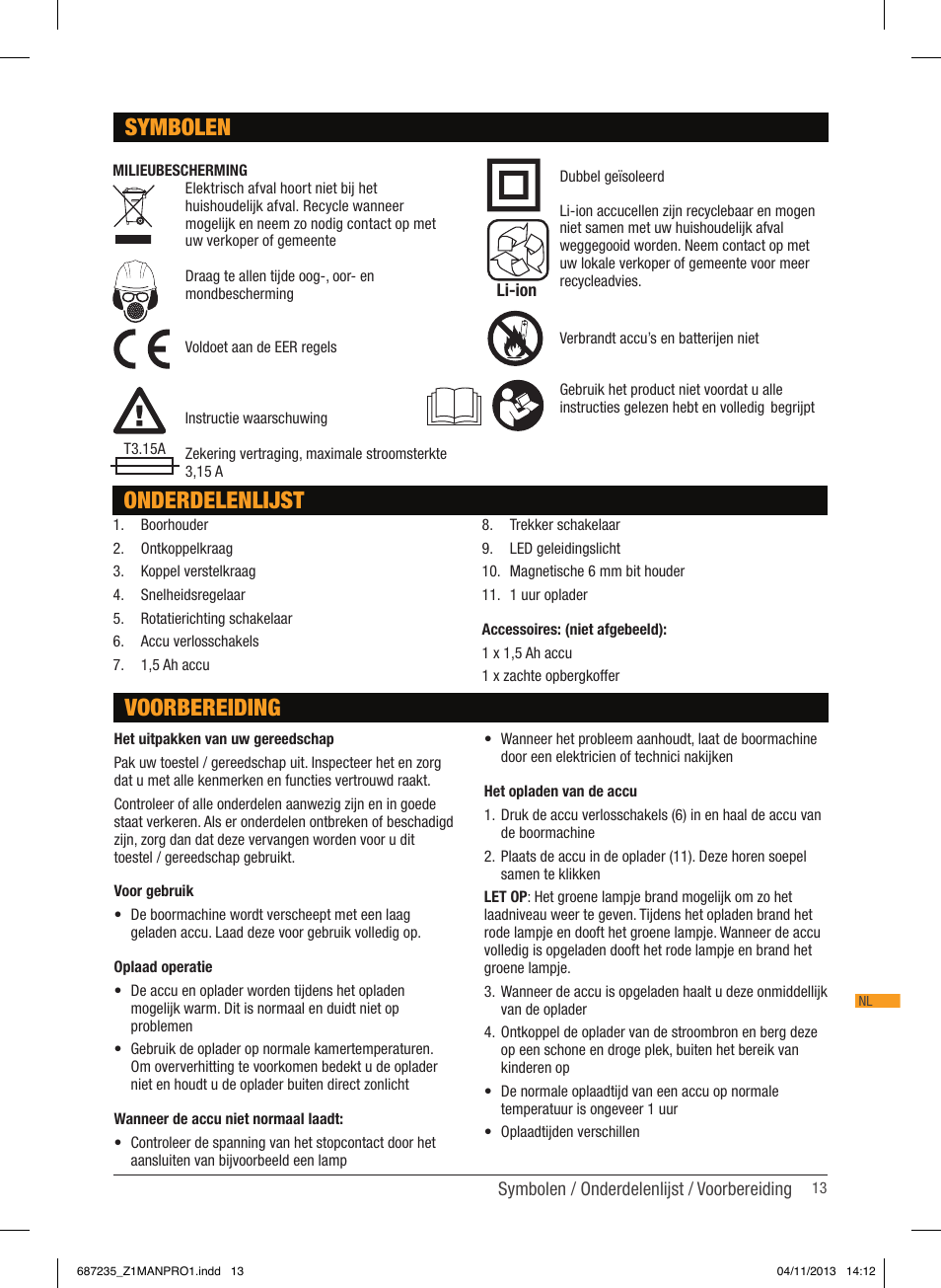 Onderdelenlijst, Voorbereiding symbolen | Triton T12 DD User Manual | Page 14 / 50