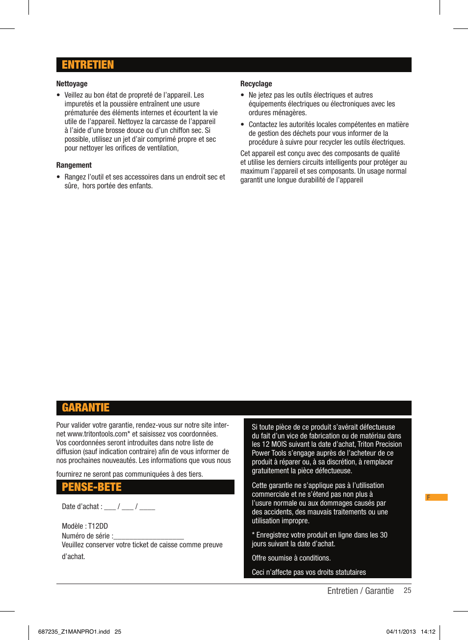 Entretien, Pense-bete, Garantie | Triton T12 DD User Manual | Page 26 / 50