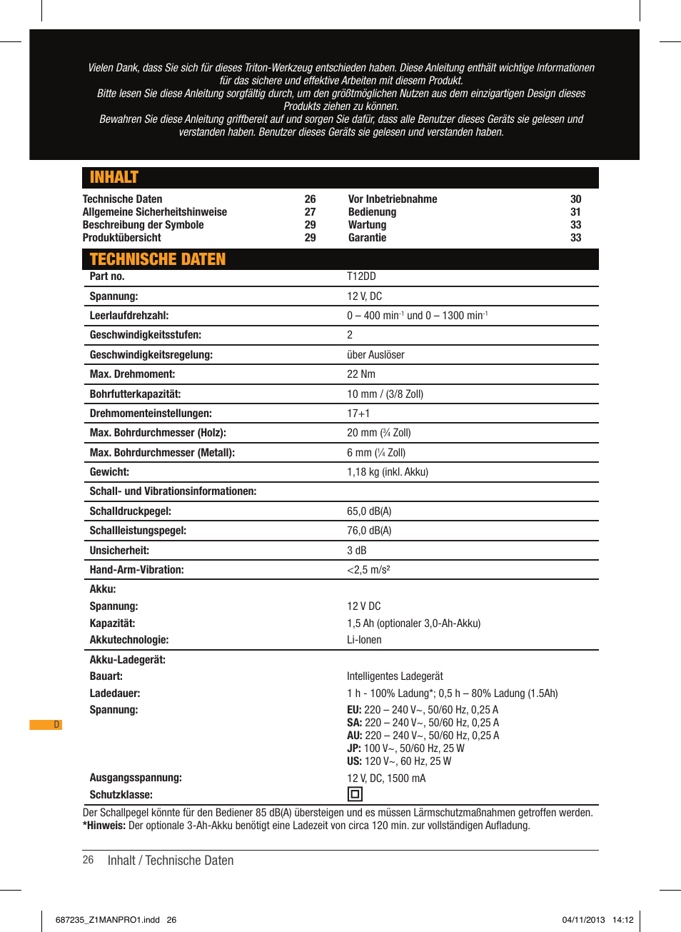 Inhalt, Technische daten | Triton T12 DD User Manual | Page 27 / 50