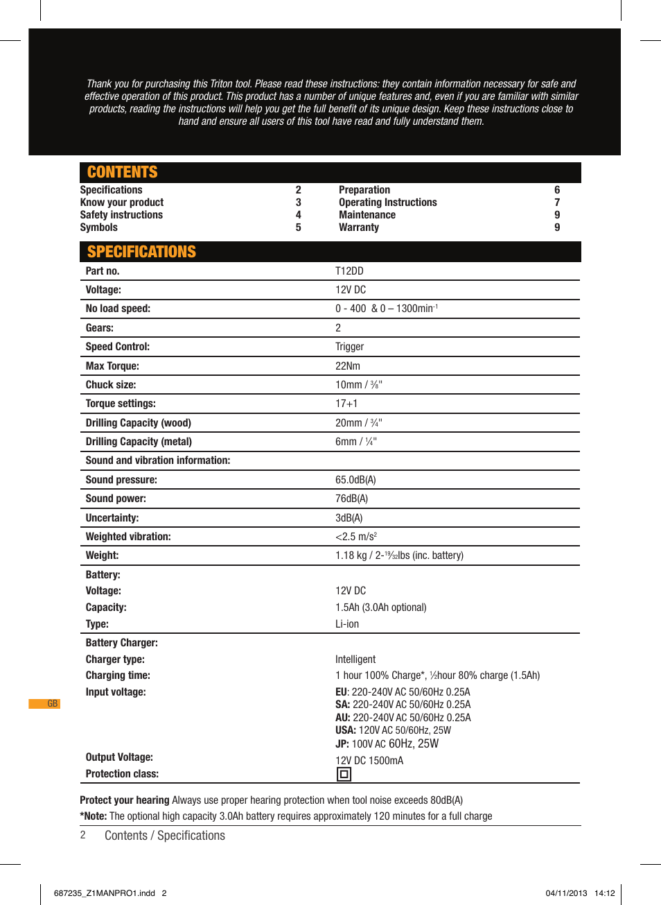 Specifications contents, Contents / specifications | Triton T12 DD User Manual | Page 3 / 50