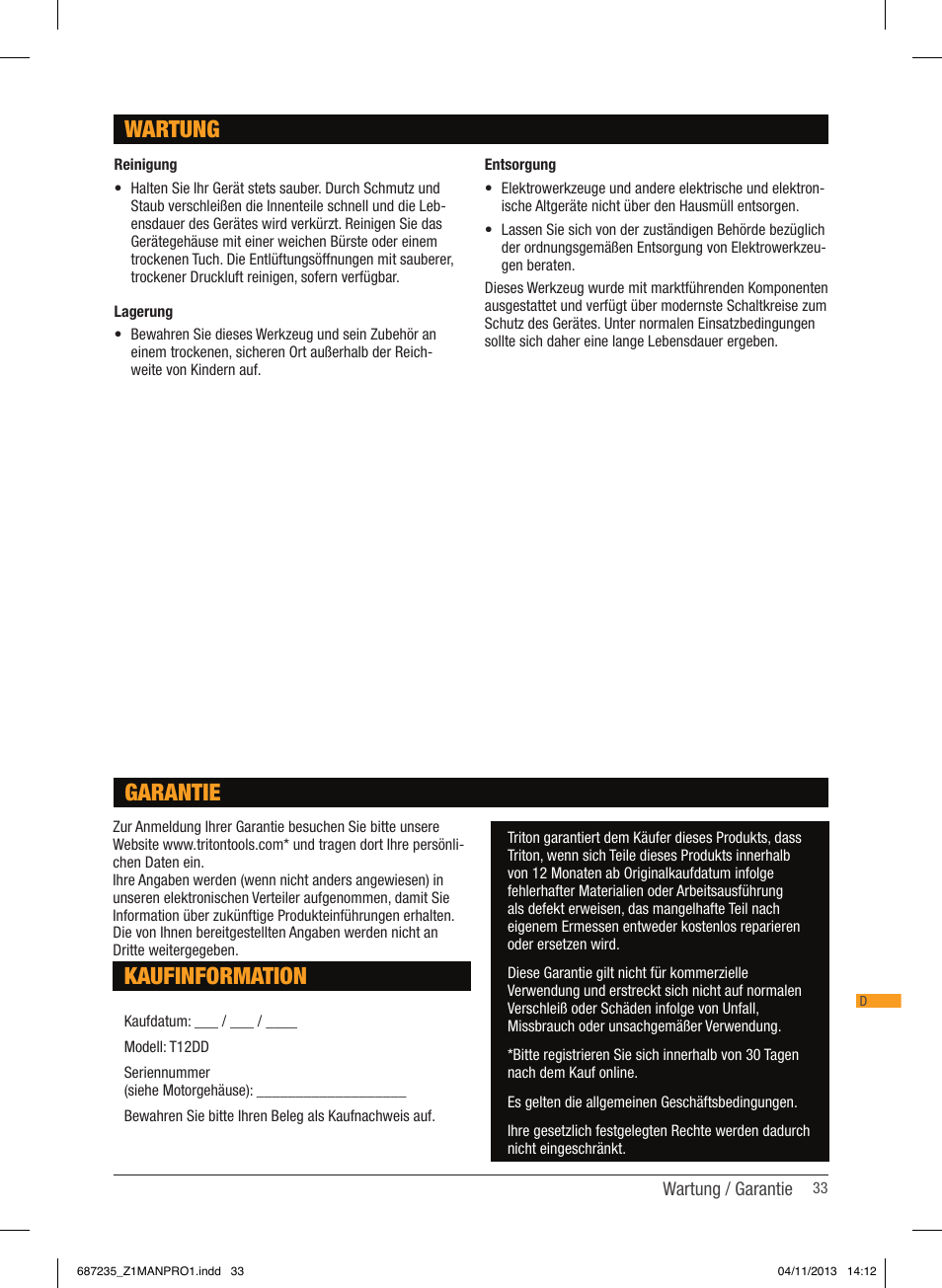 Wartung, Kaufinformation, Garantie | Triton T12 DD User Manual | Page 34 / 50