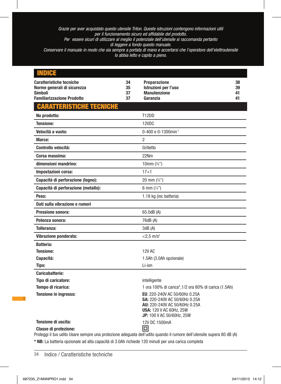 Caratteristiche tecniche indice, Indice / caratteristiche techniche | Triton T12 DD User Manual | Page 35 / 50