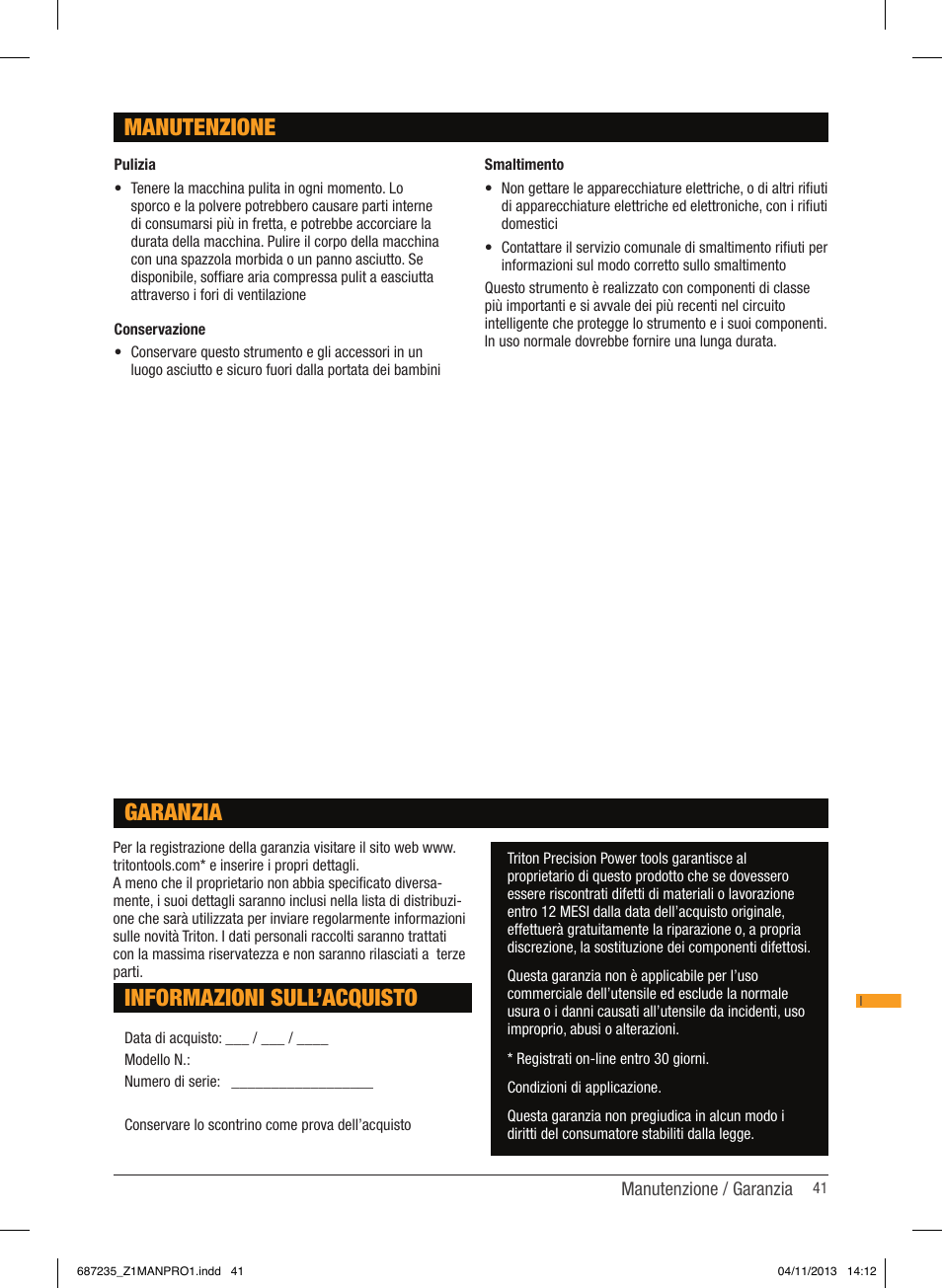 Informazioni sull’acquisto, Garanzia manutenzione | Triton T12 DD User Manual | Page 42 / 50