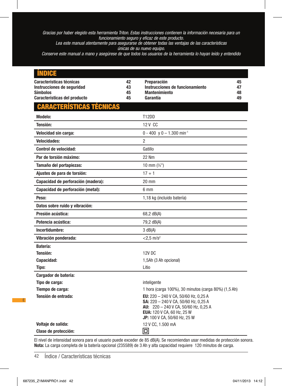 Características técnicas índice | Triton T12 DD User Manual | Page 43 / 50