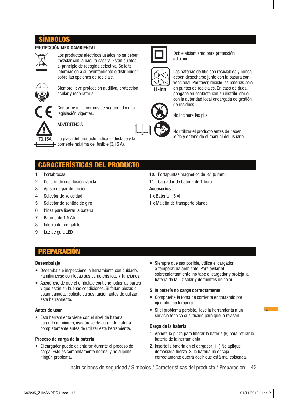 Características del producto preparación, Símbolos | Triton T12 DD User Manual | Page 46 / 50