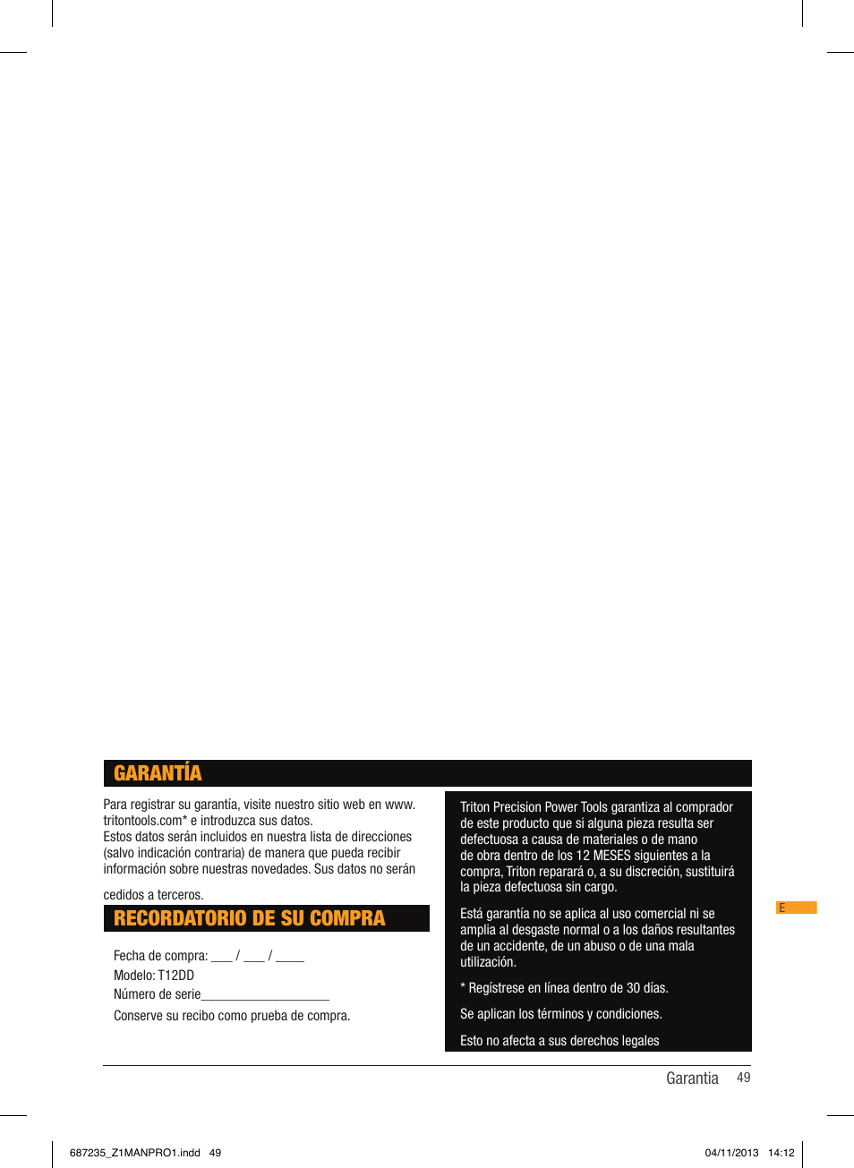 Recordatorio de su compra, Garantía | Triton T12 DD User Manual | Page 50 / 50