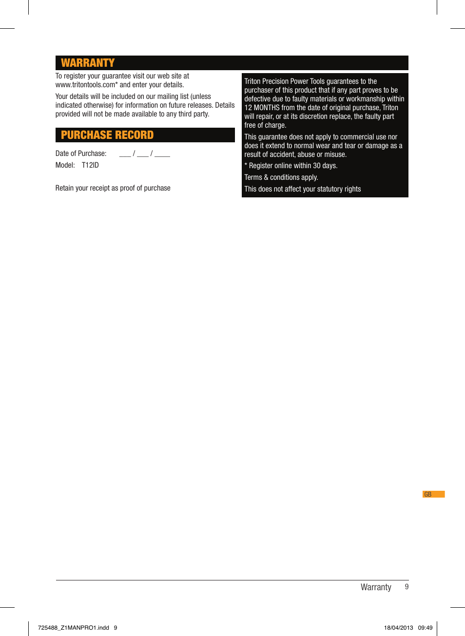 Warranty, Purchase record | Triton T12 ID User Manual | Page 10 / 50