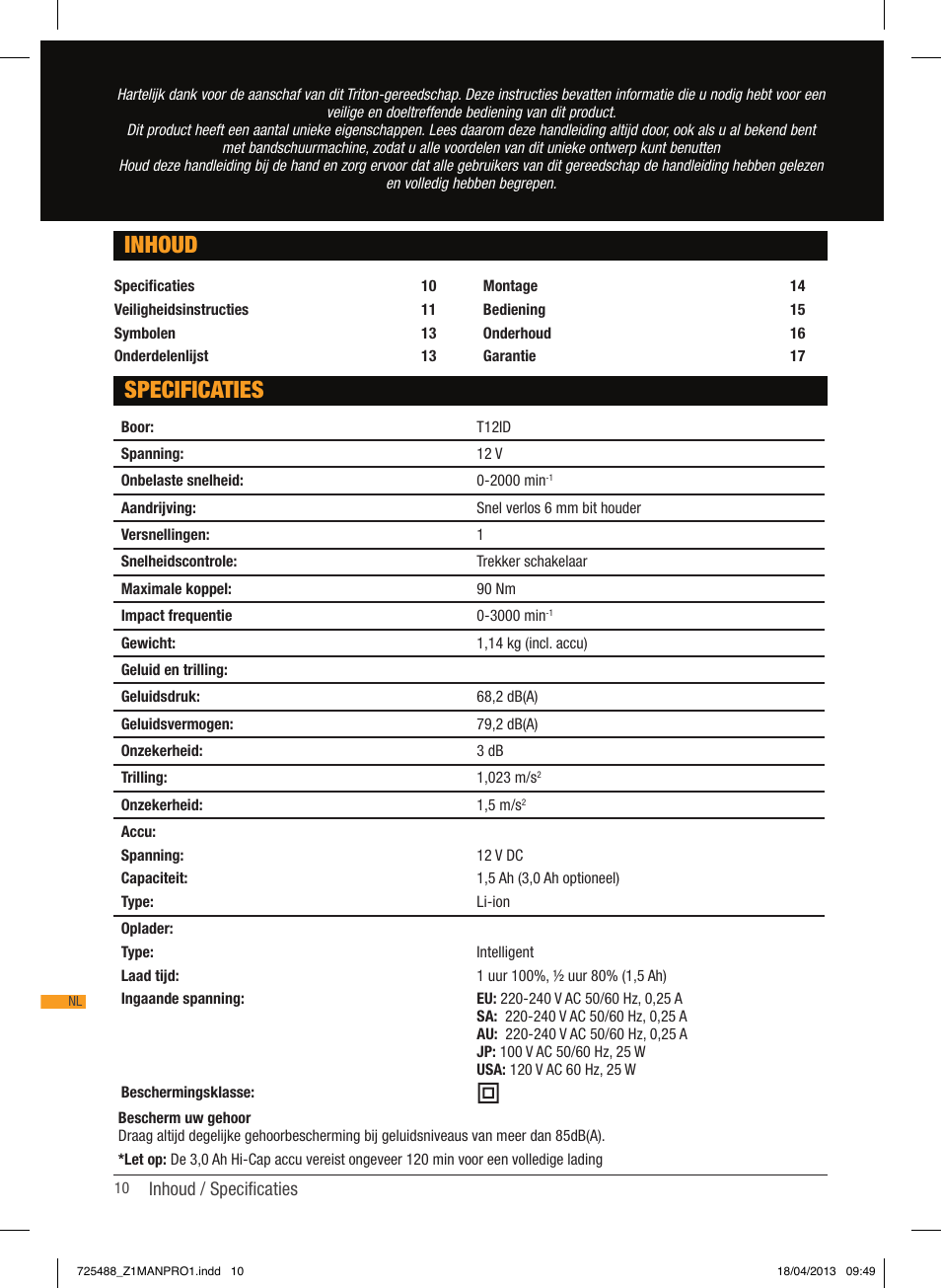 Specificaties inhoud | Triton T12 ID User Manual | Page 11 / 50