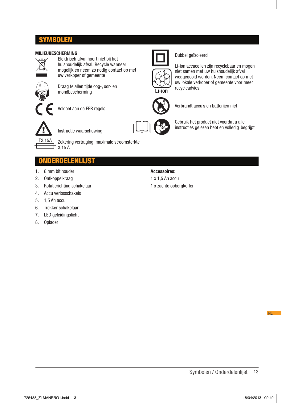 Onderdelenlijst, Symbolen | Triton T12 ID User Manual | Page 14 / 50