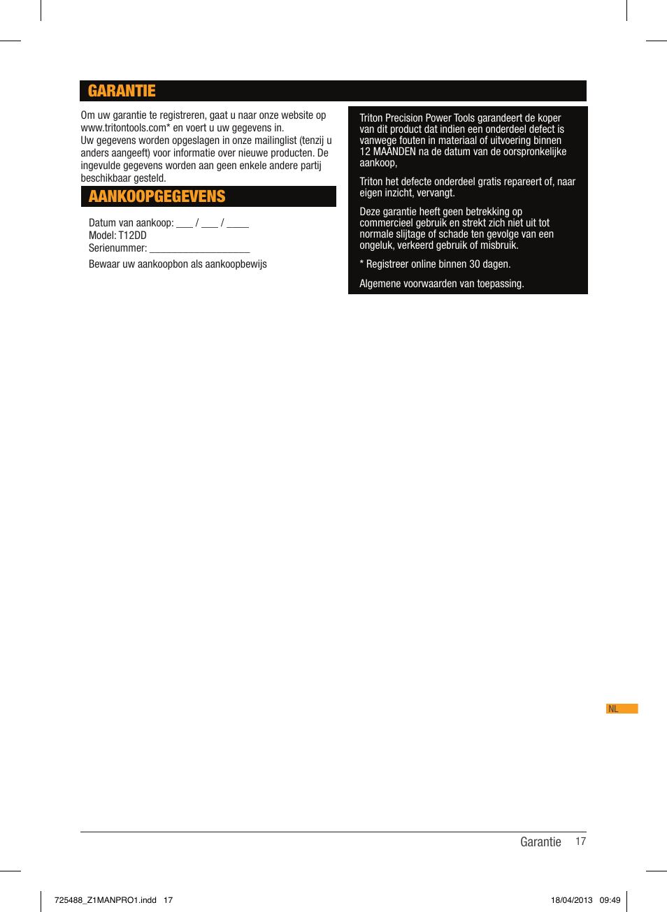 Aankoopgegevens, Garantie | Triton T12 ID User Manual | Page 18 / 50