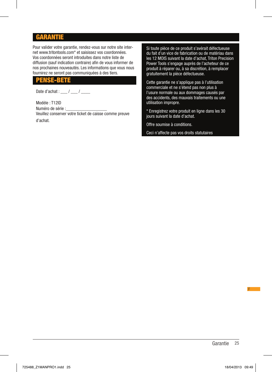 Pense-bete, Garantie | Triton T12 ID User Manual | Page 26 / 50