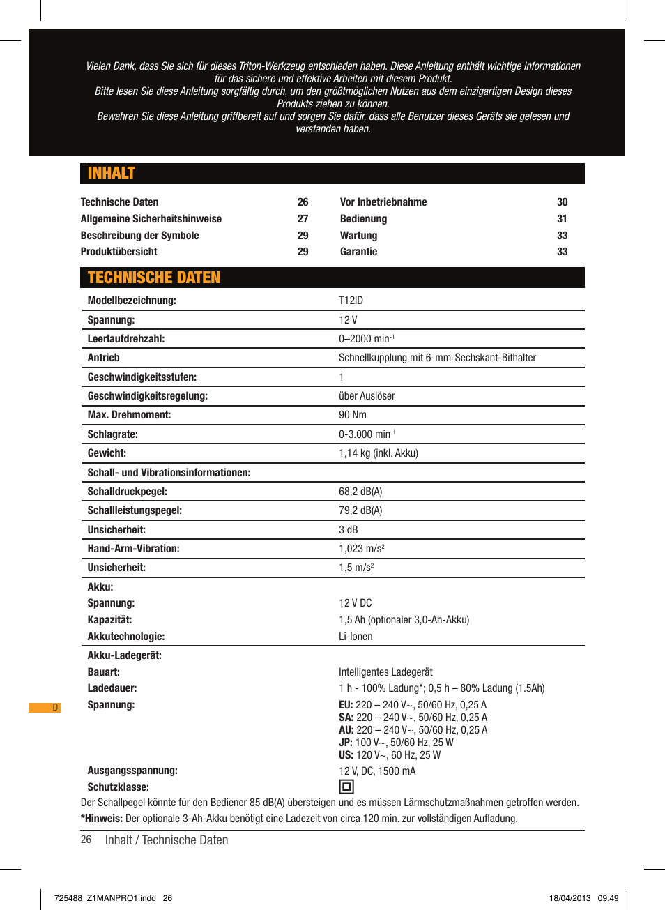 Technische daten inhalt | Triton T12 ID User Manual | Page 27 / 50