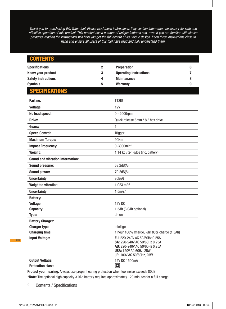 Specifications contents, Contents / specifications | Triton T12 ID User Manual | Page 3 / 50