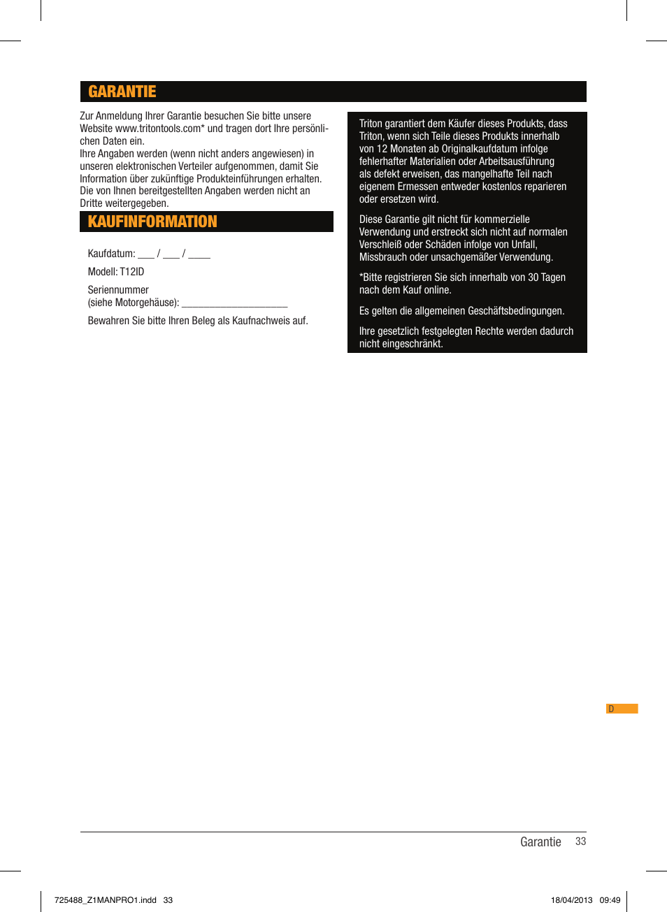 Kaufinformation, Garantie | Triton T12 ID User Manual | Page 34 / 50