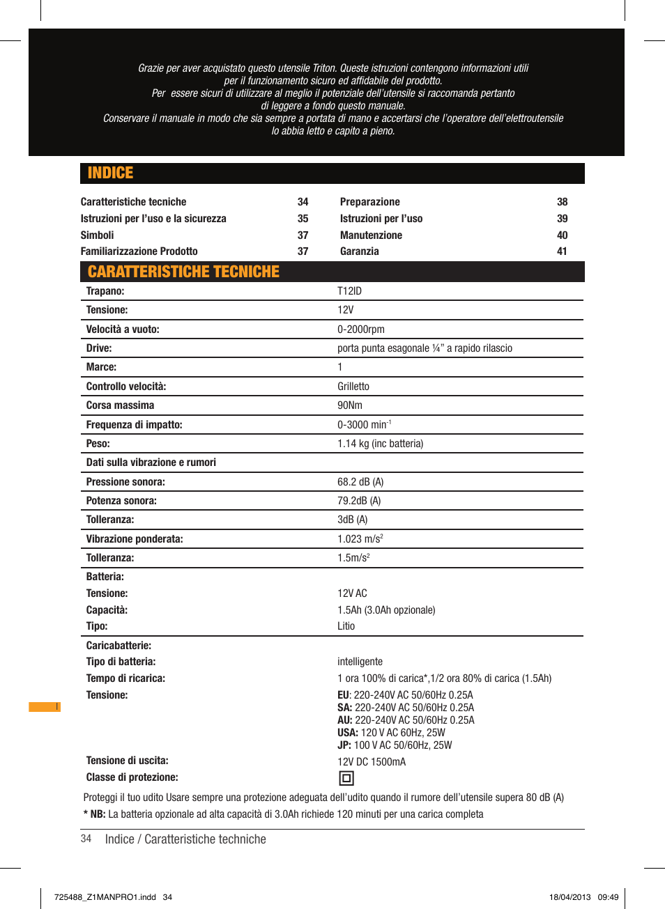 Caratteristiche tecniche indice | Triton T12 ID User Manual | Page 35 / 50